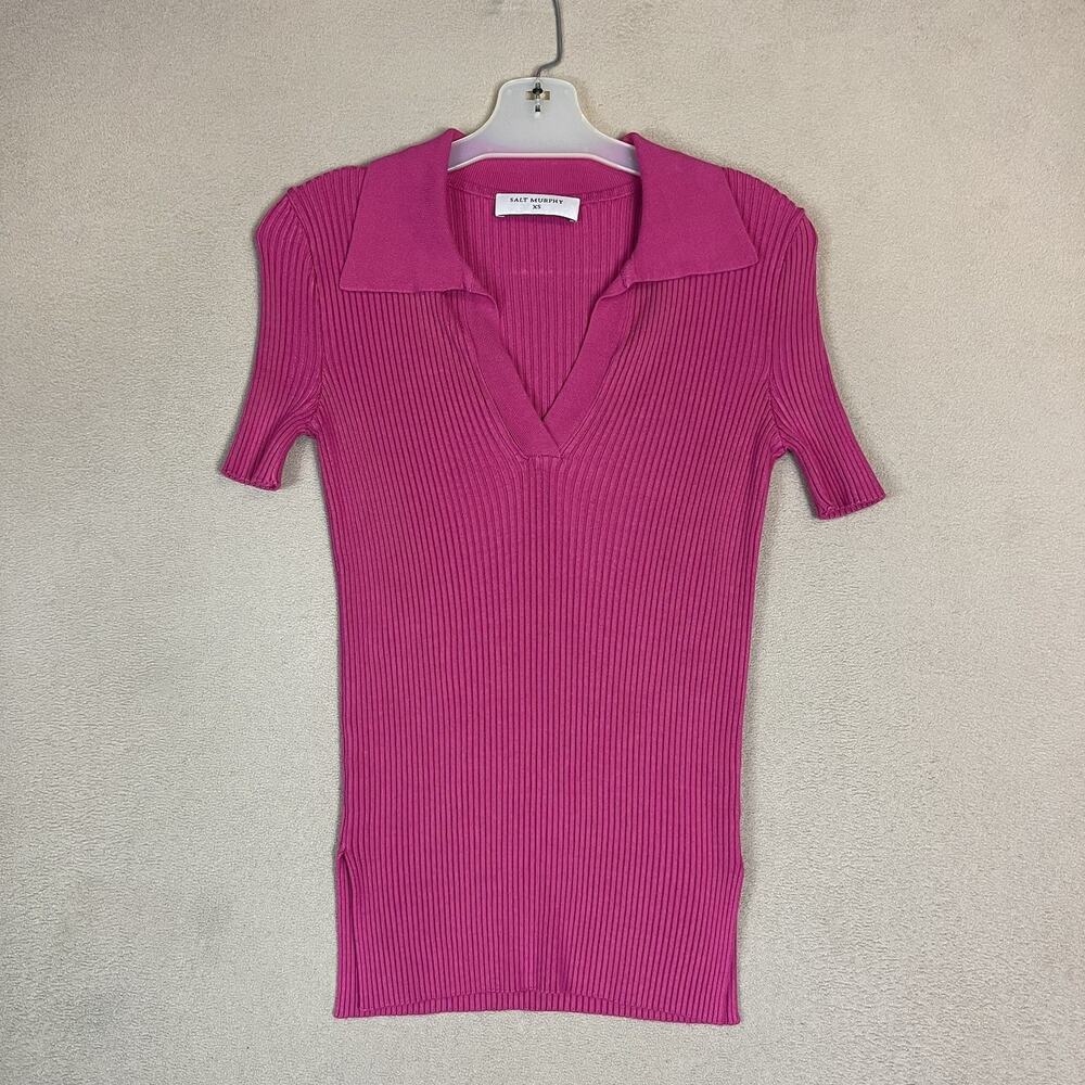 Salt Murphy Shirt Womens XS Pink Ribbed Stretch Short Sleeve V Neck Blouse